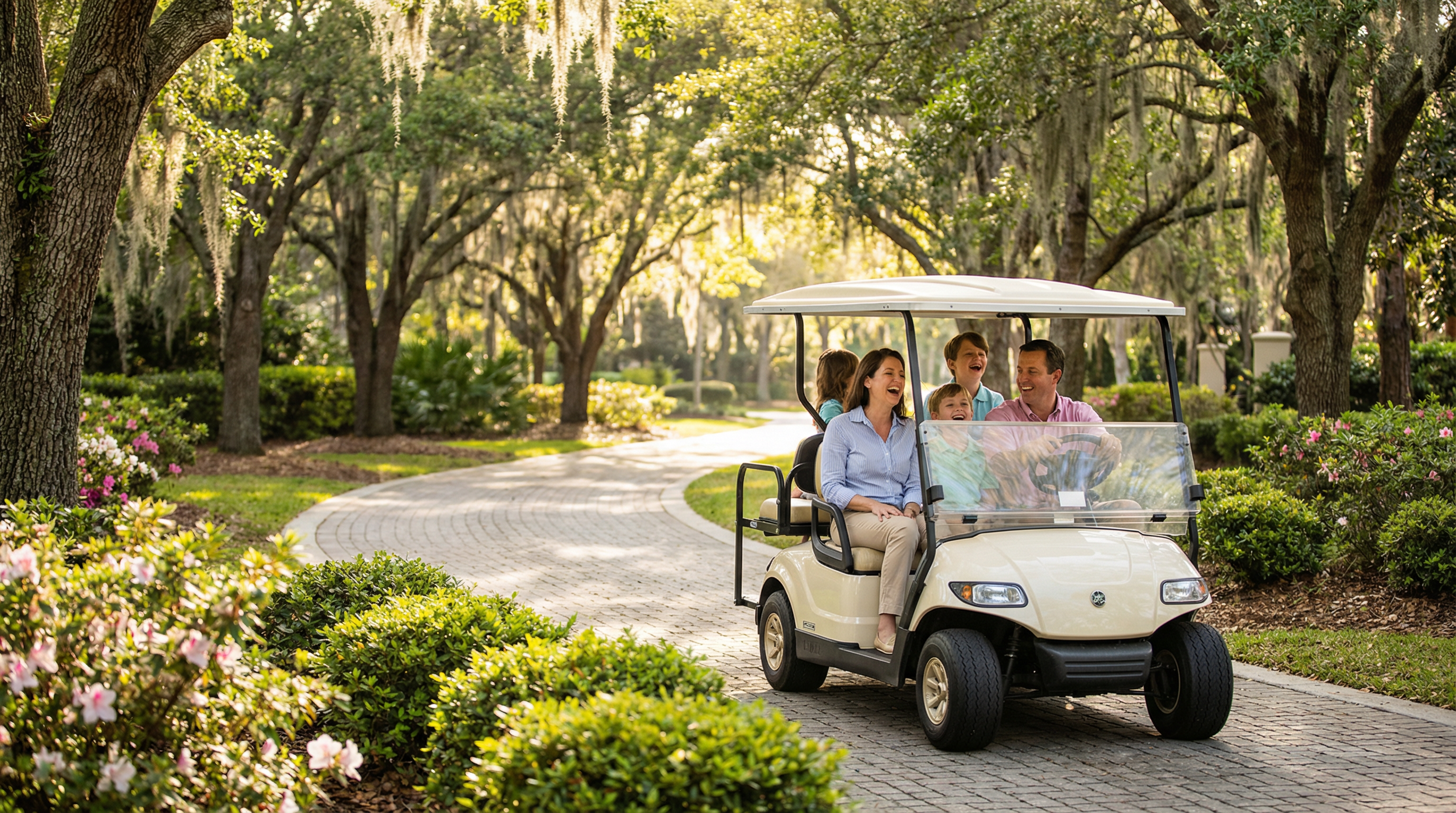 Family enjoying golf cart ride through Peachtree City paths